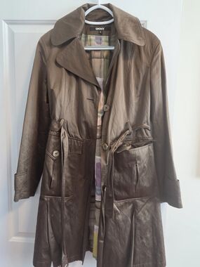 DKNY Brown Leather Trench Coat